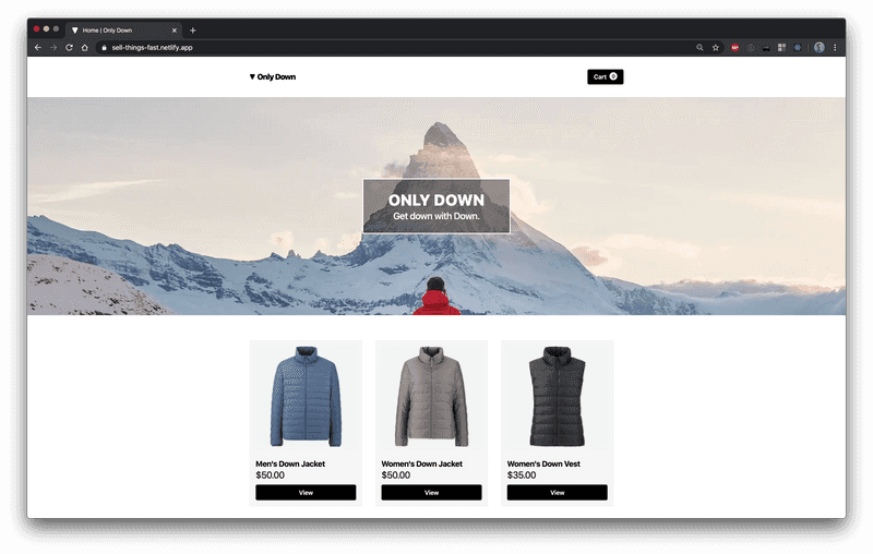 A screenshot of the homepage of Only Down showing an image of a mountain with the words Only Down over it, and three down-related products (two jackets and a vest)