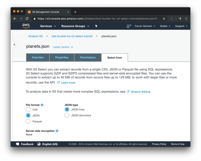 A screenshot of the "Select From" tab of S3 on AWS